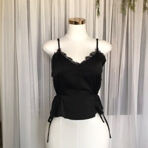 Lace Trim Side Tie Satin Top